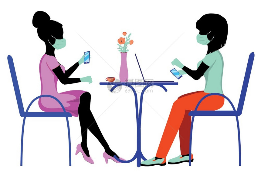 戴面罩坐在椅子上咖啡馆或家用笔记本电脑工作的自由职业者学生或商妇女图片