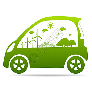 具有生态汽车环境城市景色概念的生态城市周围绿色树叶的车牌符号背景图片