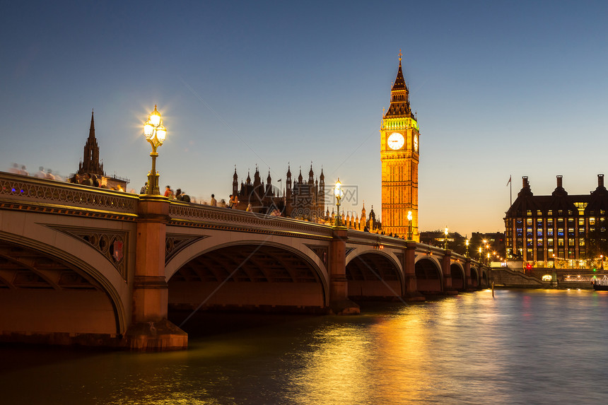 伦敦市议会大厦和威斯敏特桥在一个美丽的夏夜英国联合王图片