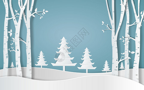 冬天圣诞海报冬松和山纸矢量插图背景