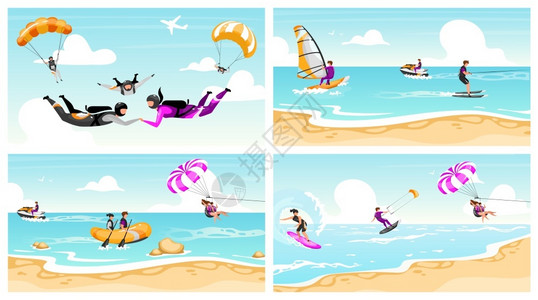 双人跳伞冲浪海滩娱乐活动高清图片