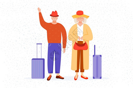 拉箱旅行老年旅行者带李箱的老年夫妇旅行的养恤金领取者卡通人物插画
