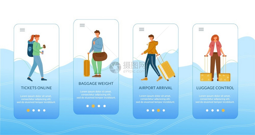 乘坐移动应用程序屏幕矢量模板飞机旅行休假带平面字符走过网站阶梯uxig智能手机卡通界面概念图片