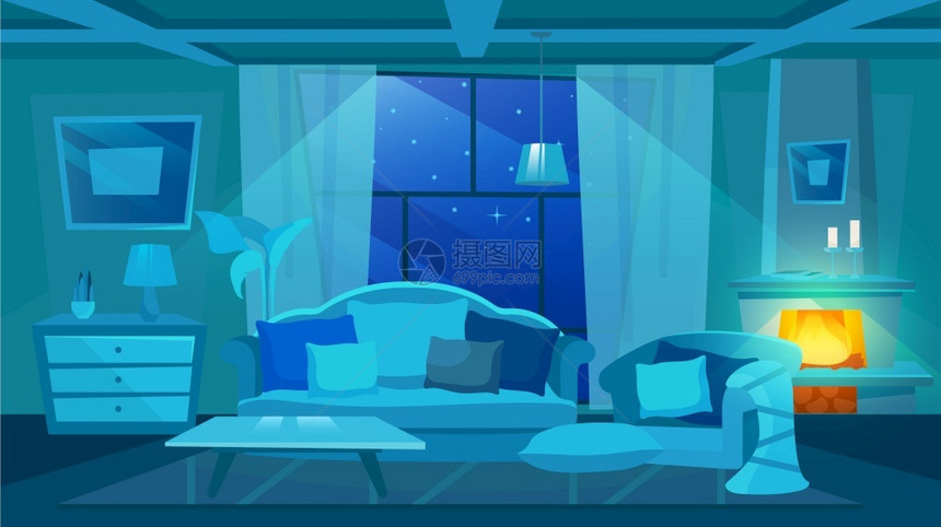 典型的客厅室内公寓矢量插图夜间可以看到公寓家具优雅的沙发配有装饰垫子的椅烧柴壁炉明亮室外夜图片