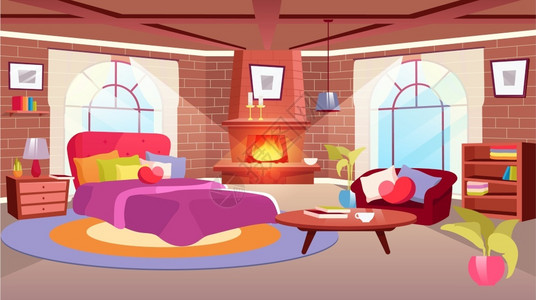 卡通沙发有可爱的心形枕头床日光公寓有现代家具木制咖啡桌书架砖墙壁火图片
