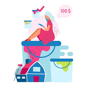 卫浴马桶软管妇女为制作绘画卡通人物选择颜色在线购物数字买家庭服务和房屋翻新插画