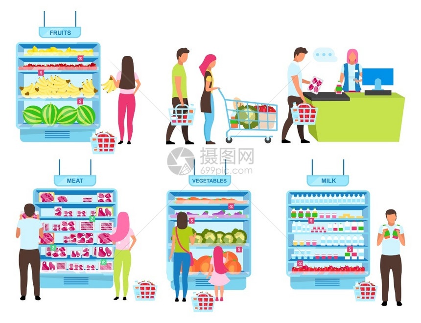 人们在杂货店选择产品用现金柜台卡通人物购买货在超市农民场购物图片