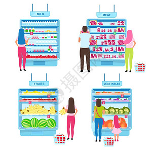买家在杂货店里做选择在超市货架附近站着带有货物卡通人的超市货架上背景图片