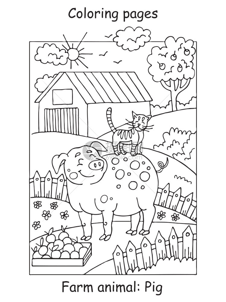 带微笑的猪和猫漫画轮廓插图用于学龄前教育儿童图片