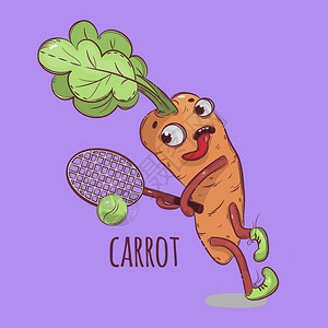 胡萝卜网球运动卡通蔬菜矢量插图图片