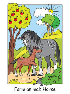 带彩色的在玩耍小马驹和妈妈卡通插图的图解用于学前教育图片