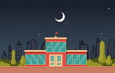 夜晚的学校建筑室外风景插画图片