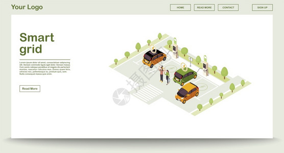 汽车素材网站电动汽车智能电力网站3d概念矢量图插画