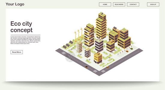 登陆页设计具有等量说明的智能建筑具有太阳能电网的智建筑可持续住房生态友好型绿色城镇网站界面设计登陆页3d概念带有等量说明的生态城市网页病媒设计图片