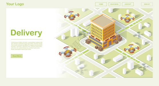 绝地求生空投智能空投等量网站模板无人驾驶飞机箱从邮局飞来四方机交付服务空运信息图现代技术网络应用程序横幅设计矢量智能空交付等量网站模板插画