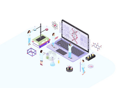 科学应用科学家遗传者生物家研究工作者等量色矢说明笔记本电脑信息学生物化遗传生物实验室3d概念科学家研究工作者等量色矢说明插画