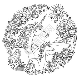 黑色独角兽独角兽以花粉树木和朵为颜色以圆形组成antisrefhand草图绘制配有缠绕面条元素用于成人彩色书页贴纸设计和纹身插画