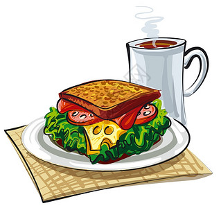 奶酪茶咖啡和三明治插画