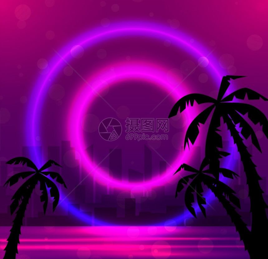城市海滩图案棕榈树矢量景观图案荧光圈设计图片