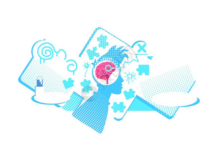蛇精病脑功能障碍神经连接网络设计2d卡通字符神经疾病精障碍创意思想插画