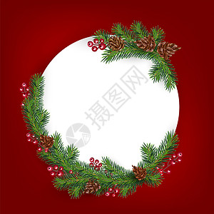 复古圣诞徽章带有现实的看得见圣诞树枝边框上面装有浆果和锥壳贺卡上面放有文字的位置带有现实的看得见圣诞树枝边框上面放有文字的位置背景