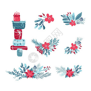 刷礼物带有鲜花树枝叶礼品盒和浆果的圣诞植物矢量组手写现代刷子字母组手画设计要素组手写设计要素组手画设计要素组插画