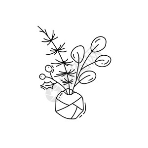 圣诞节花束单色线条圣诞植物矢量插图插画