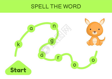 儿童迷宫拼写字游戏模板学习读袋鼠字可打印的工作表学习英语的活动页儿童成长的教育活动矢量说明背景图片