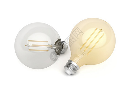 两台装饰型铅灯泡白色背景上颜温度不同背景图片