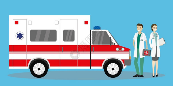 两名白人护理人员在救护车附近矢量图背景图片