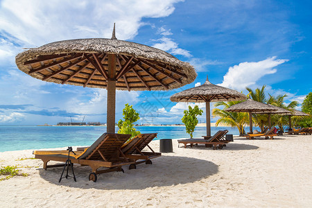 夏季日在热带海滩的病虫害中在热带海滩上用木制遮阳和雨伞背景图片