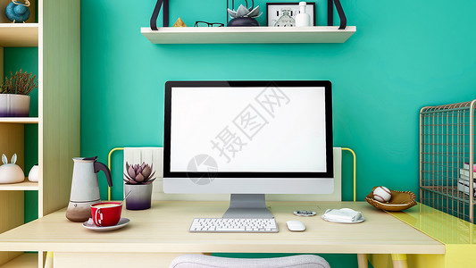 现代个人计算机桌面空白屏幕用于在工作桌上模拟3D图片