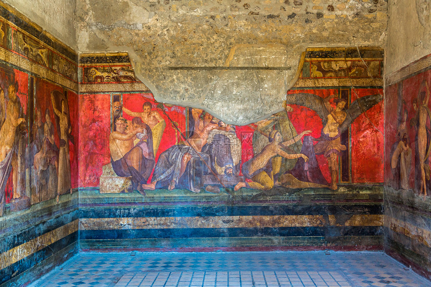在蓬贝城的墙壁上涂漆因Vesuvi山喷发而于79bc被毁坏图片