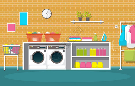 自助服务现代室内洗衣工具插画