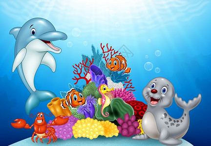 海豹玩具美丽的水下世界热带鱼类插画