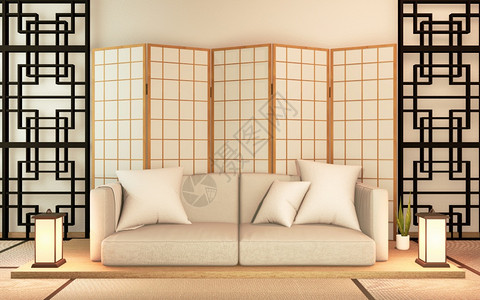 沙发木制日本人设计在房间木制地板上背景图片