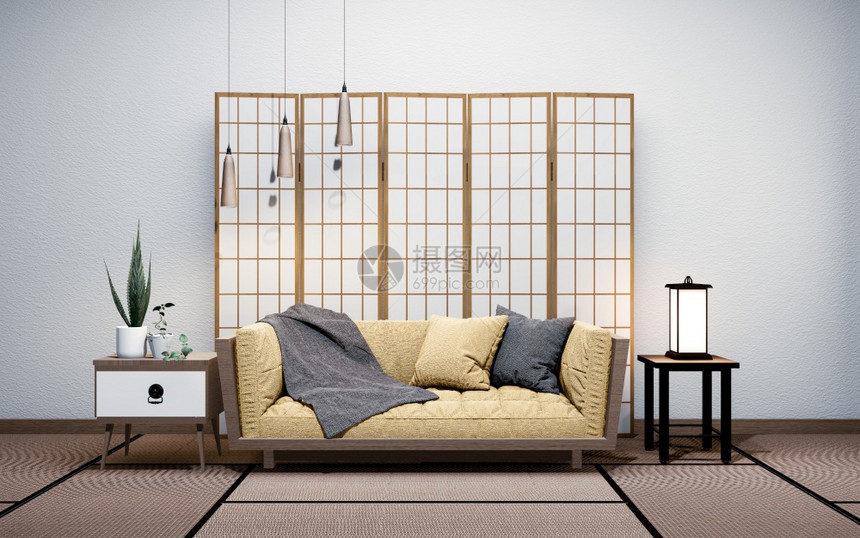 白色空墙壁背景室内有黄色天鹅绒沙发的内部雅潘风格3D翻譯图片