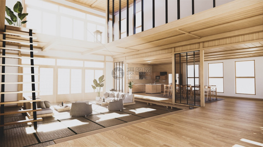 一楼内栋两层的房子里以日本式的室内3D图片