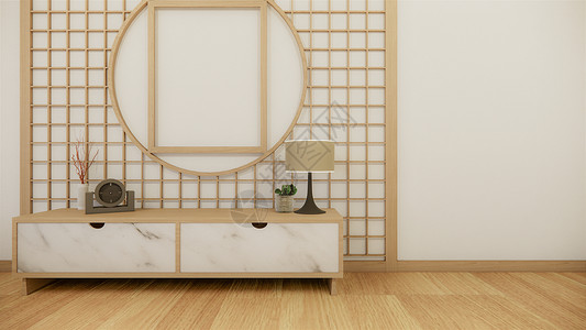 在现代空房的木制柜子和白色地板室热带风格的白色墙上3D图片