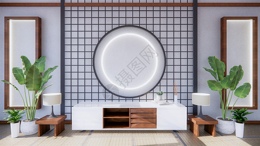 客厅空白壁背景装饰Japn风格设计在架墙上灯光降低3D图片