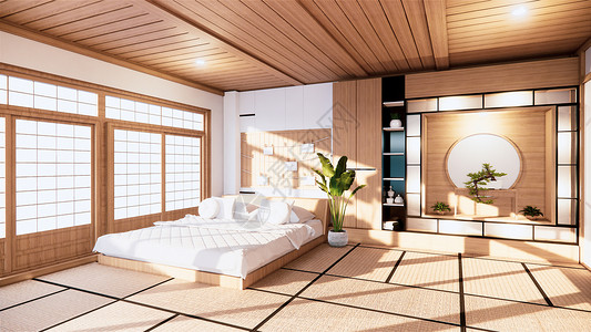 室内墙上装有木床卧室最起码的设计3d翻接背景图片