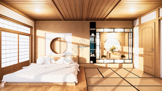 室内墙上装有木床卧室最起码的设计3d翻接背景图片