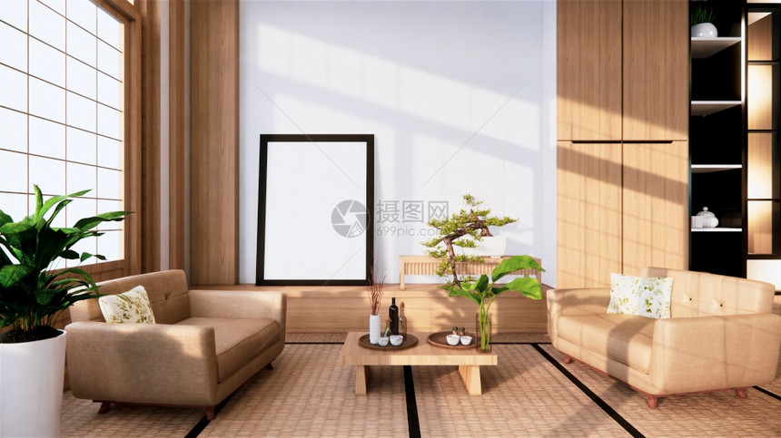 japn房间的沙发日本风格和白色背景为编辑3d提供窗口图片