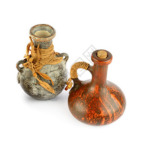 棕色花瓶陶瓷花瓶和粘土amphor孤立于白色背景复古风格背景