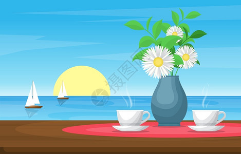 茶台茶海海边落日帆船和茶杯插画