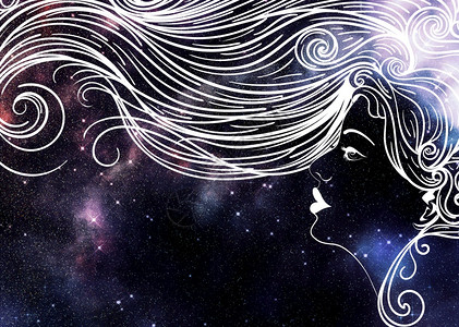女面对长发的外形与恒星场纹理插图背景图片