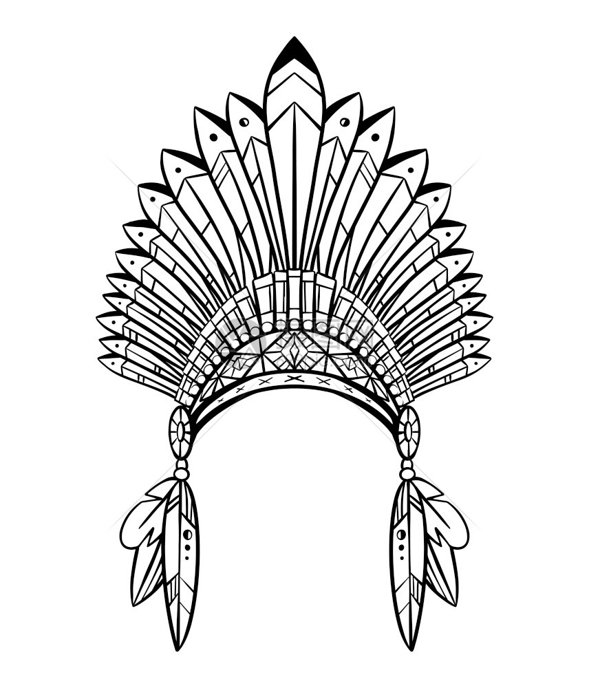 绘制带羽毛和装饰的印地安人土著帽子的轮廓部落服装纹身草图印在t恤衫彩色页和设计上的矢量图解部落服装图片