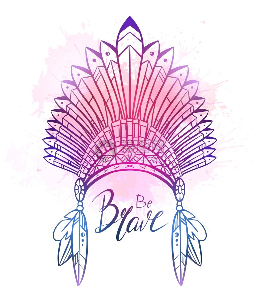 用羽毛装饰品紫色水彩喷洒和勇敢的手画字母灵感引文和部落服装矢量图解用羽毛紫色水彩喷洒和勇敢的手画字母绘制印地安人本帽子的绘图图片