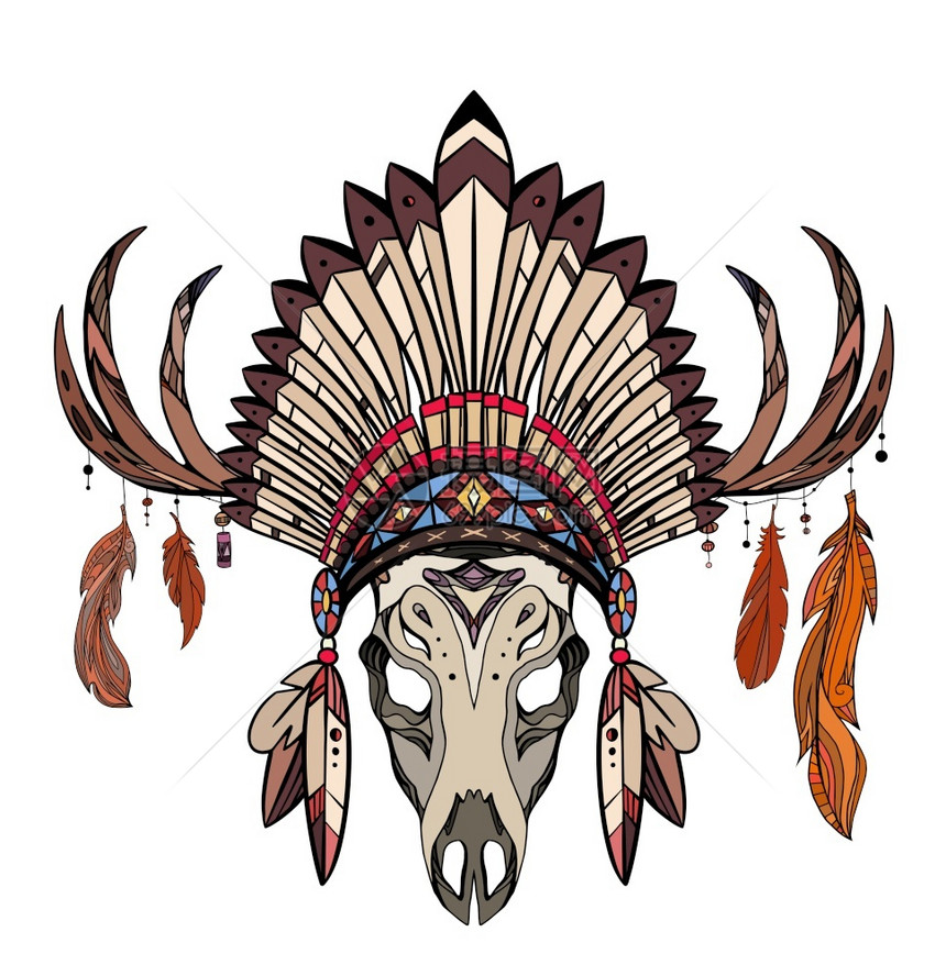 用角绘制鹿头骨的彩色图画印地安人本的羽毛和装饰帽部落服纹身草图的矢量画印在t恤和设计上用角绘制鹿头骨的彩色图画印地安人本的羽毛和图片