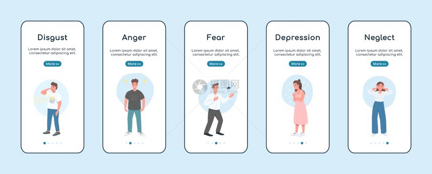 手机应用程序屏幕上的负情绪固定矢量模板心理健康问题通过带有字符的网页步骤uxig智能手机卡通界面案件指纹设置移动应用程序屏幕上的图片